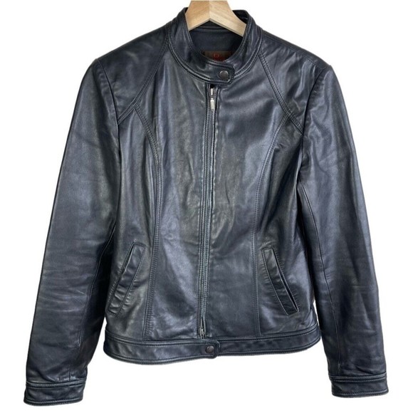 Danier Jackets & Blazers - Danier Womens Small Black Leather Full Zip Tall Neck Long Sleeve Jacket